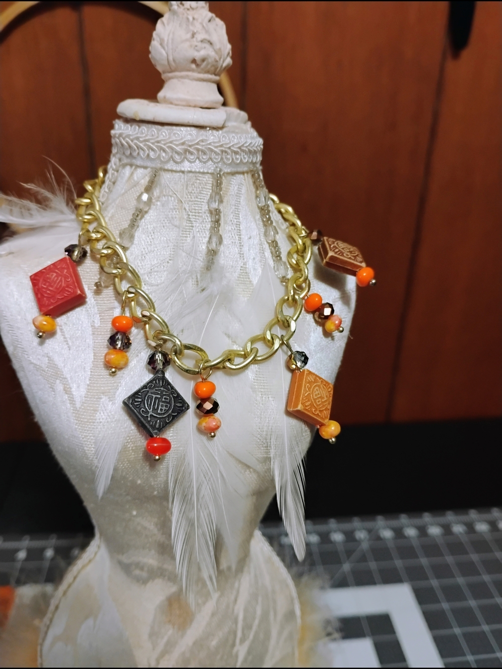 Gold Chain Charm Bracelet And Multiple Earrings Set with Orange and Red Beads